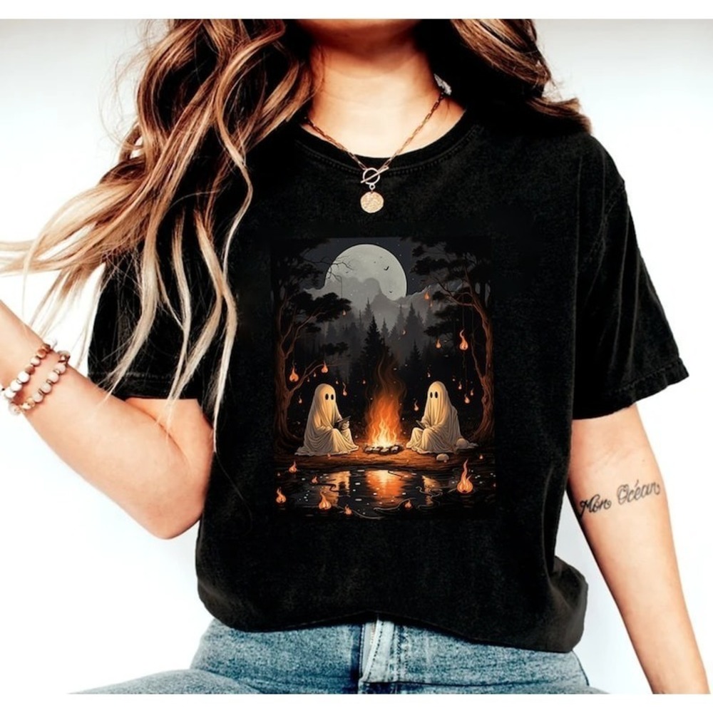 Retro Ghost Book Reading Camping Gothic Halloween Teachers Shirt